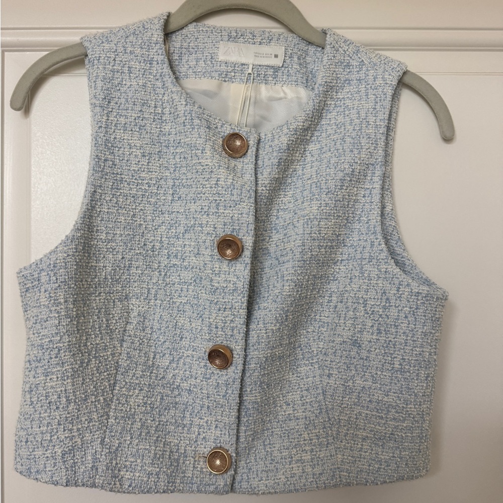 Zara Blue Tweed Sleeveless Vest NWT